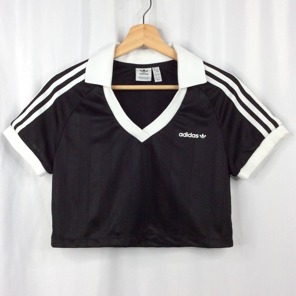 Adidas Women's Crop Polo Shirt Size Medium 12/14 Black White 3 Stripes
